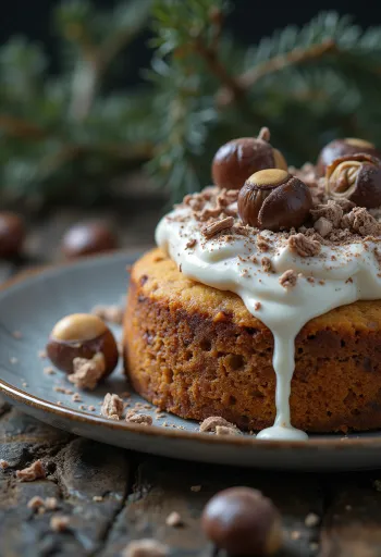 Zimska torta od kestena ukrašena tamnom čokoladom i orasima