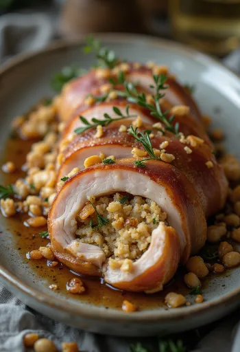 Sočni, u pećnici pečeni punjeni svinjski kare punjen svježim začinskim biljem i topljivim sirom.