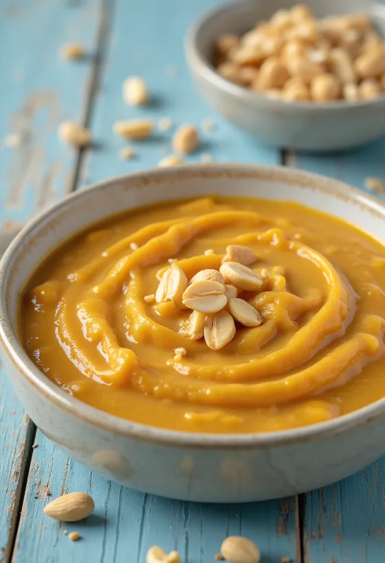 Umak od kikirikija s curryjem poslužen u zdjelici sa svježim korijanderom.