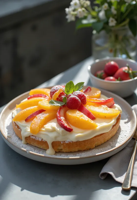 Voćna torta s biskvitom ukrašena svježim voćem i želeom