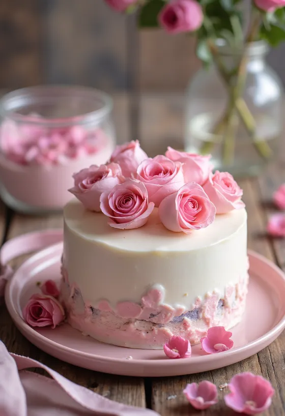 Torta s ružama za Valentinovo s bijelim fondantom i laticama ruža