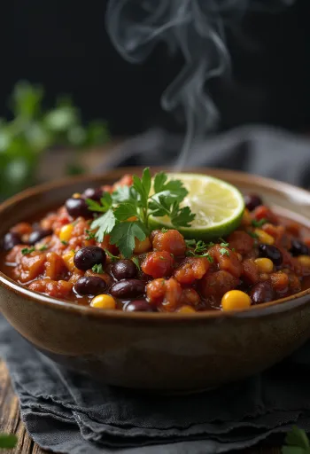 Veganski chili s grahom, u bogatom začinjenom umaku, ukrašen svježim korijanderom.