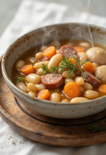 Tradicionalno grah varivo s trgancima, posluženo s temeljcem od dimljenog mesa