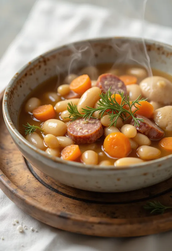 Tradicionalno grah varivo s trgancima, posluženo s temeljcem od dimljenog mesa