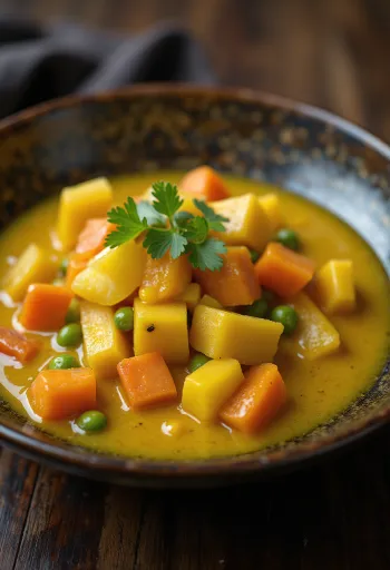 Umak od povrća s curryjem u zdjeli, ukrašen svježim korijanderom.