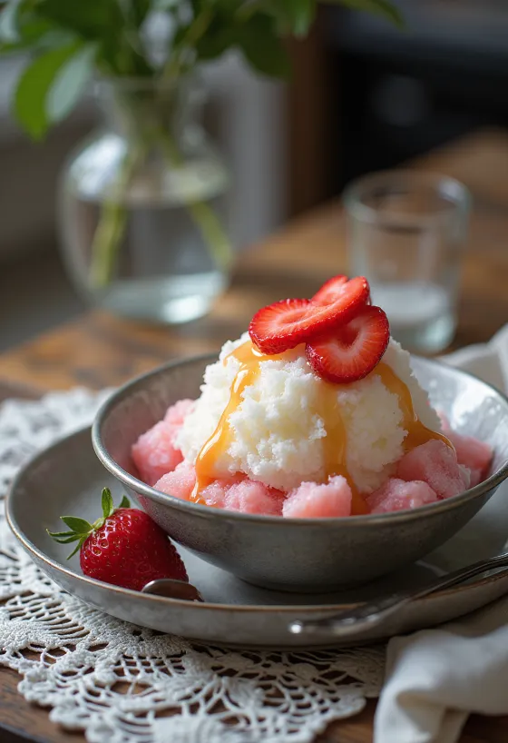 Bingsu od jagoda, korejski drobljeni led sa svježim jagodama i vrhnjem
