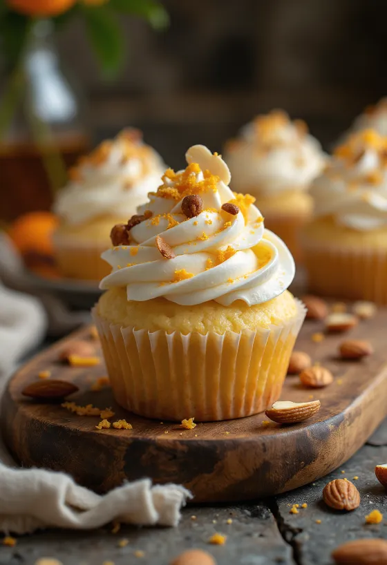 Svježe pečeni cupcake od badema i naranče s kremom