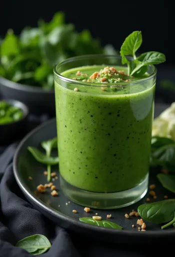 Smoothie od špinata u visokoj čaši, ukrašen povrćem i voćem