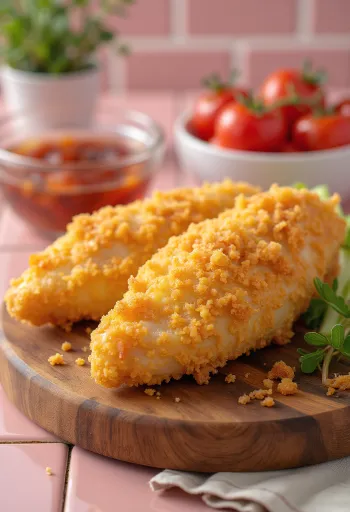 Pohana pileća prsa pečena do zlatno-smeđe boje, poslužena sa svježom salatom.