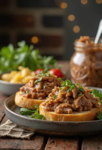 Duck rillette poslužen u rustikalnoj staklenci s kruhom i kiselim krastavcima