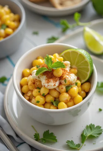 Esquites s limetom, poslužen sa svježim korijanderom i sirom