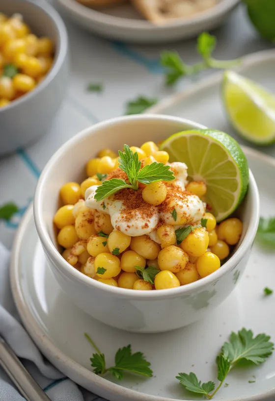Esquites s limetom, poslužen sa svježim korijanderom i sirom