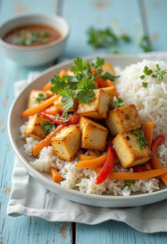 Poslužen začinjeni tofu s povrćem i rižom
