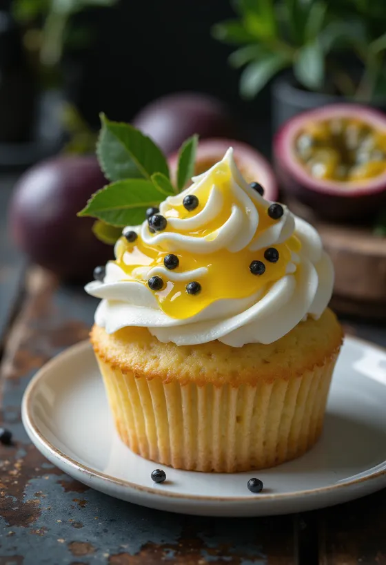 Svježe pečeni kremasti cupcake od marakuje na stolu