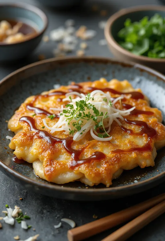 Okonomiyaki s umakom od soje serviran, s okonomiyaki umakom i bonito pahuljicama
