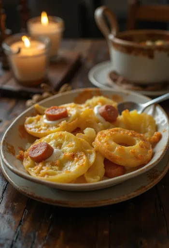 Francuski krumpir složen s kobasicom i jajima, s kiselim vrhnjem na vrhu.