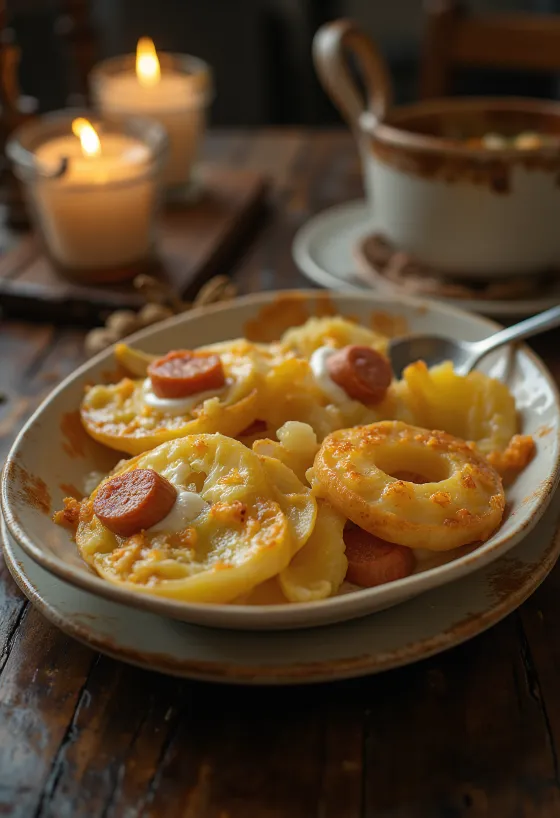 Francuski krumpir složen s kobasicom i jajima, s kiselim vrhnjem na vrhu.