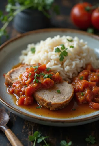 Svinjski vrat s lečom i parenom rižom poslužen