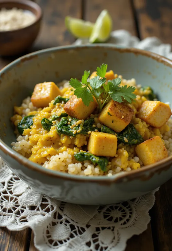 Curry s kvinojom, špinatom i tofuom u zdjeli