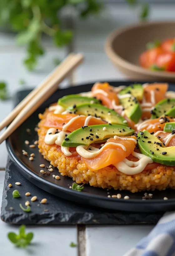 Sushi pizza s japanskom rižinom bazom, lososom i avokadom
