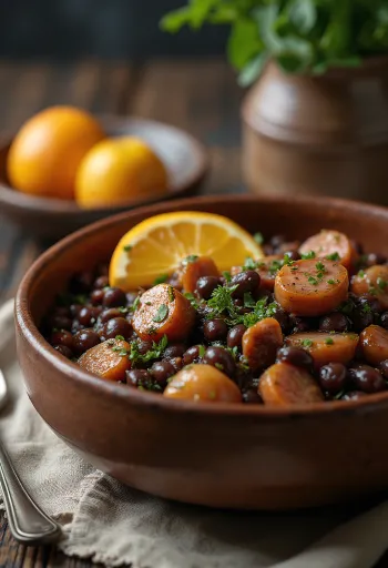 Feijoada s dimljenom kobasicom, ukrašena rižom i korijanderom