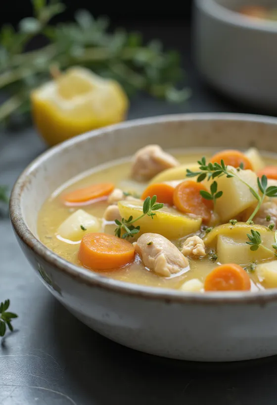 Kremasta ragout juha s estragonom, pilećim mesom, povrćem i ukrašena svježim estragonom.