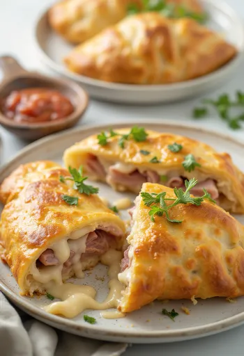 Svježe pečeni calzone s vrhnjem i šunkom