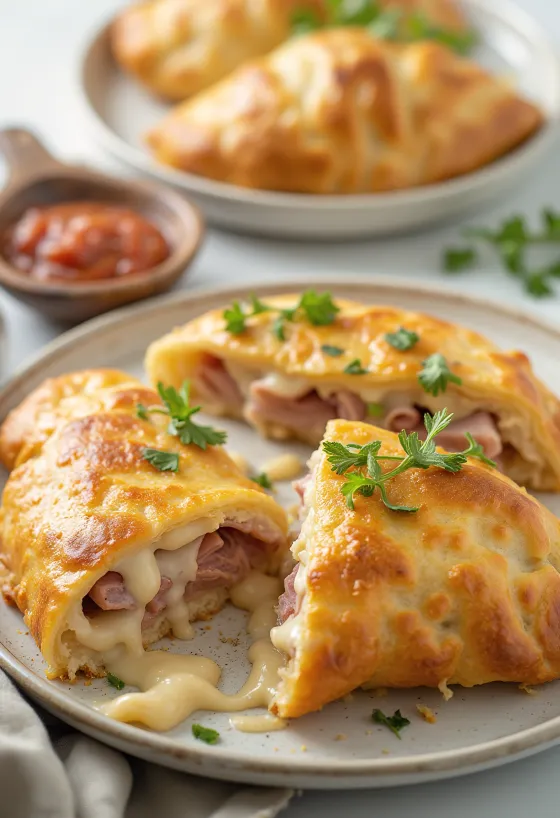 Svježe pečeni calzone s vrhnjem i šunkom