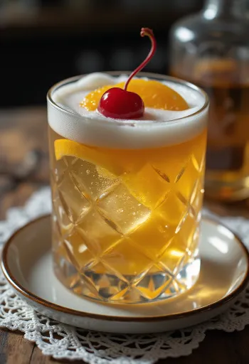 Whisky Sour koktel ukrašen kriškom naranče i koktel trešnjom