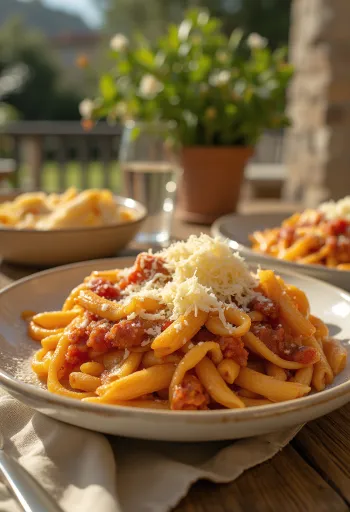 Tjestenina s patlidžanom poslužena sa sočnim umakom od rajčice i svježim bosiljkom