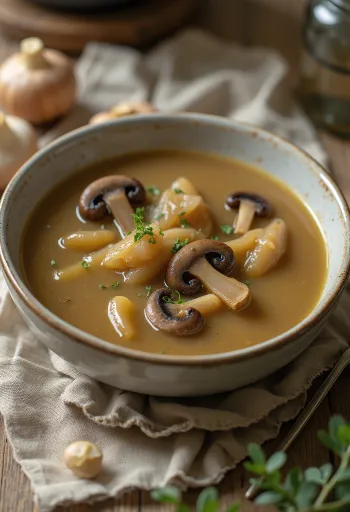 Kremasta juha od poriluka i gljiva poslužena, ukrašena svježim kriškama gljiva