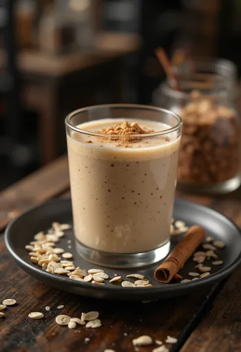 Smoothie od zobenih pahuljica u visokoj čaši, ukrašen zobenim pahuljicama i cimetom