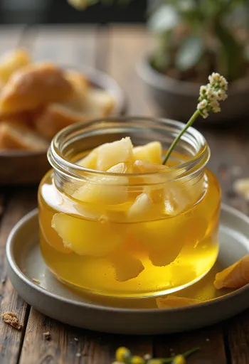 Ghee s češnjakom, zlatnožuti, čisti maslac u zdjelici, pored njega češnjak i grančice ružmarina