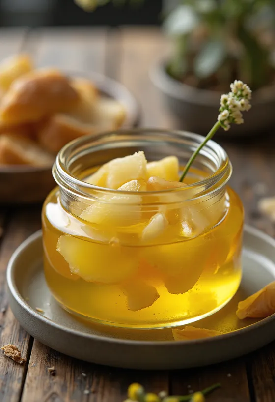 Ghee s češnjakom, zlatnožuti, čisti maslac u zdjelici, pored njega češnjak i grančice ružmarina