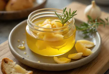 Ghee s češnjakom, zlatnožuti, čisti maslac u zdjelici, pored njega češnjak i grančice ružmarina