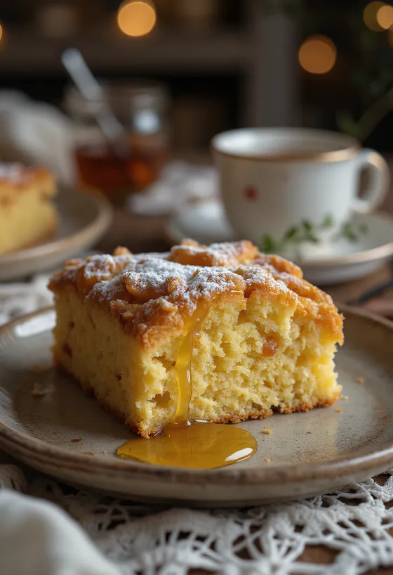 Kolač od đumbira zlatno-smeđe, prhke teksture, posut šećerom u prahu.