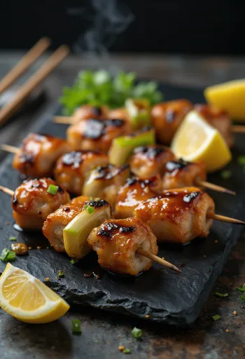 Klasični yakitori, grilana piletina na štapiću, poslužena sa sezamom i svježim mladim lukom