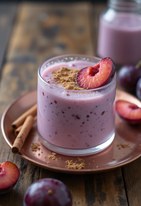 Svjež i ukusan probiotički kefir sa šljivama, ukrašen komadićima šljive