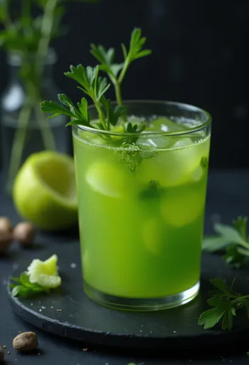 Sok od celera u visokoj čaši, ukrašen svježim stabljikama celera i voćem