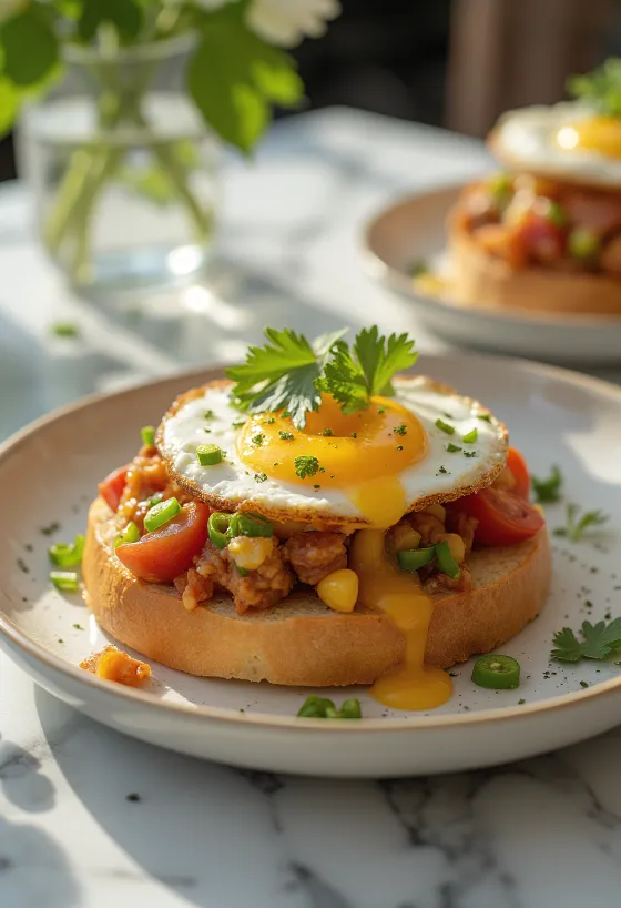 Bunny chow s jajima, poslužen s mješavinom rajčice i povrća i pečenim jajetom