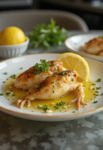 Žablji kraci u maslacu s češnjakom posluženi sa svježim peršinom i limunom.