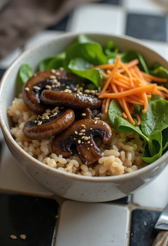 Poslužena veganska Buddha zdjela s gljivama