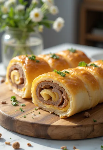 Zlatno-smeđe pečena mesna rolada, poslužena sa svježim povrćem i umakom.