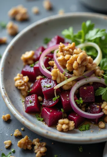 Salata od cikle s porilukom i tostiranim orasima poslužena, posuta svježim peršinom