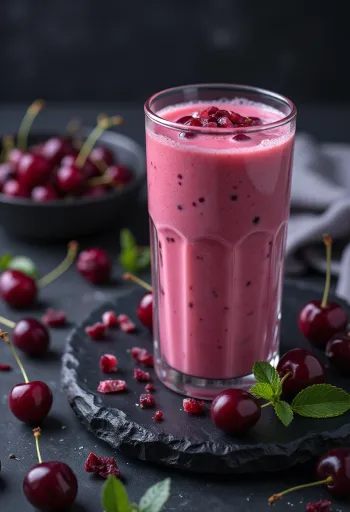 Kefir napitak s trešnjama poslužen u čašama, blijedo ružičasti, kremasti napitak s komadićima trešanja