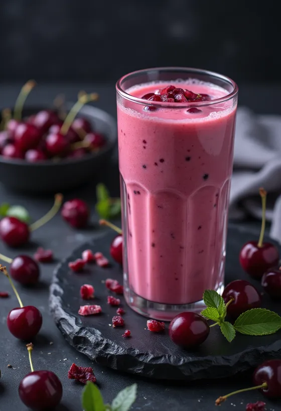 Kefir napitak s trešnjama poslužen u čašama, blijedo ružičasti, kremasti napitak s komadićima trešanja