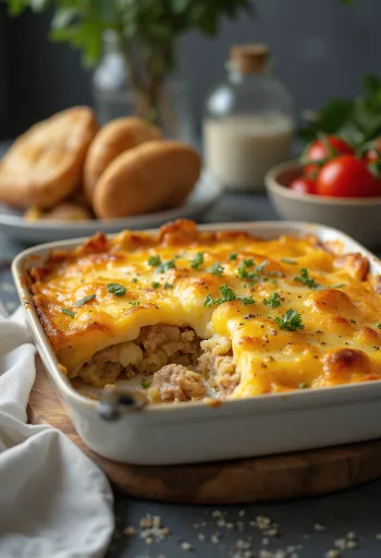 Složenac od krumpira s mesom, kiselim vrhnjem i sirom