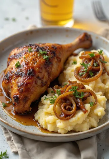 Pečena patka s pire krumpirom s lukom poslužena