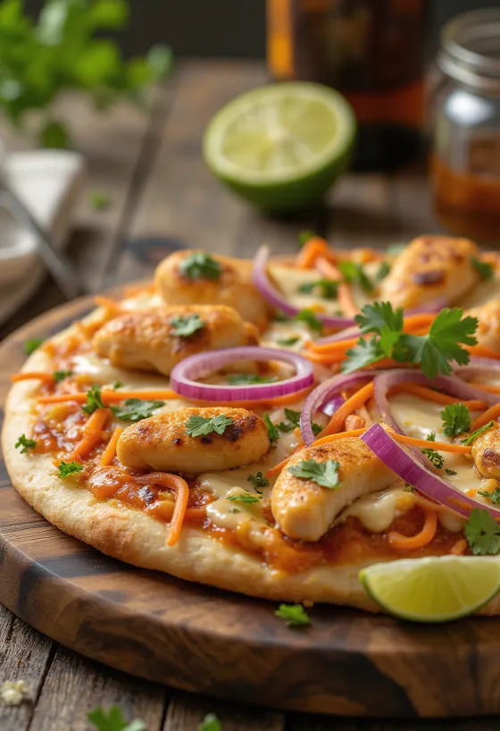 Thai chicken pizza s umakom od kikirikija i korijandrom