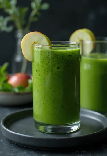 Zeleni smoothie u visokoj čaši, ukrašen svježim povrćem i voćem